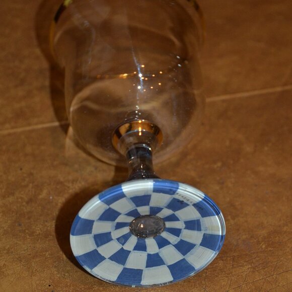 RARE RETIRED DESIGNER MACKENZIE CHILDS BLUE ROYAL CHECK GOLD WATER GLASS GOBLET - Picture 9 of 11